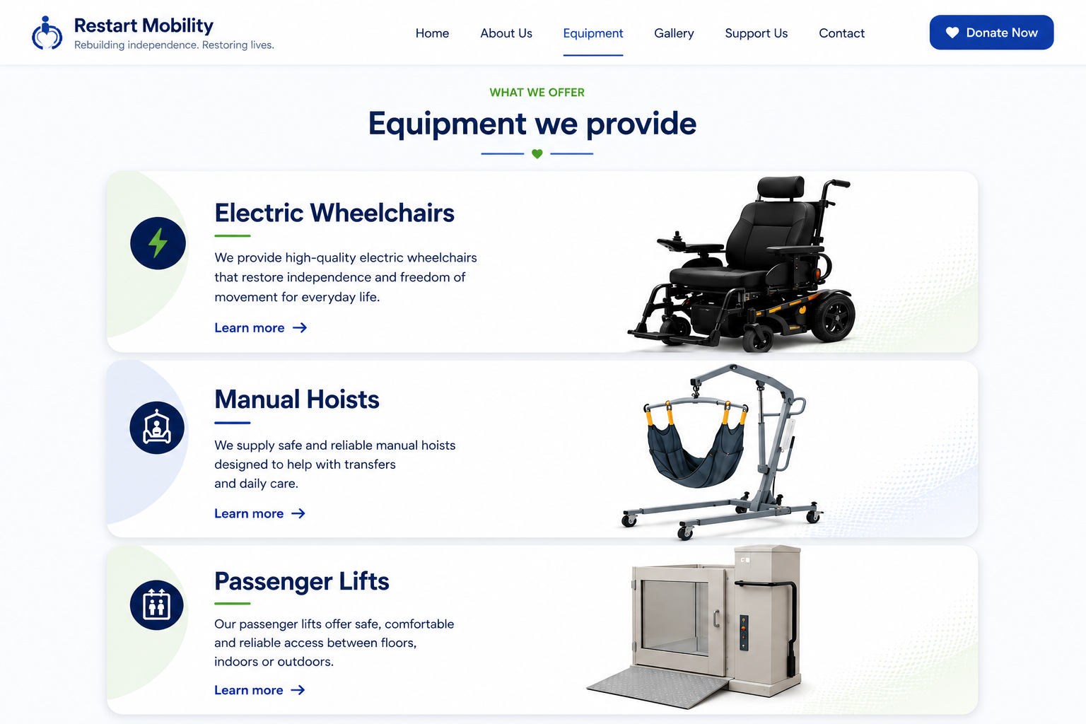 Electric wheelchairs, manual hoists and passenger lifts