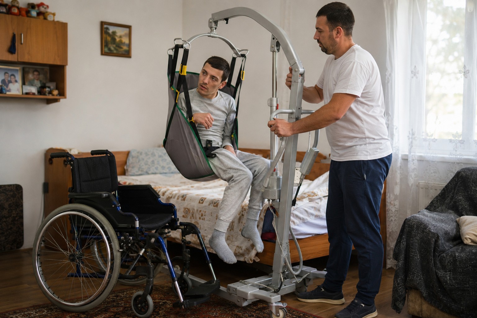 A person being supported safely with a mobile patient hoist