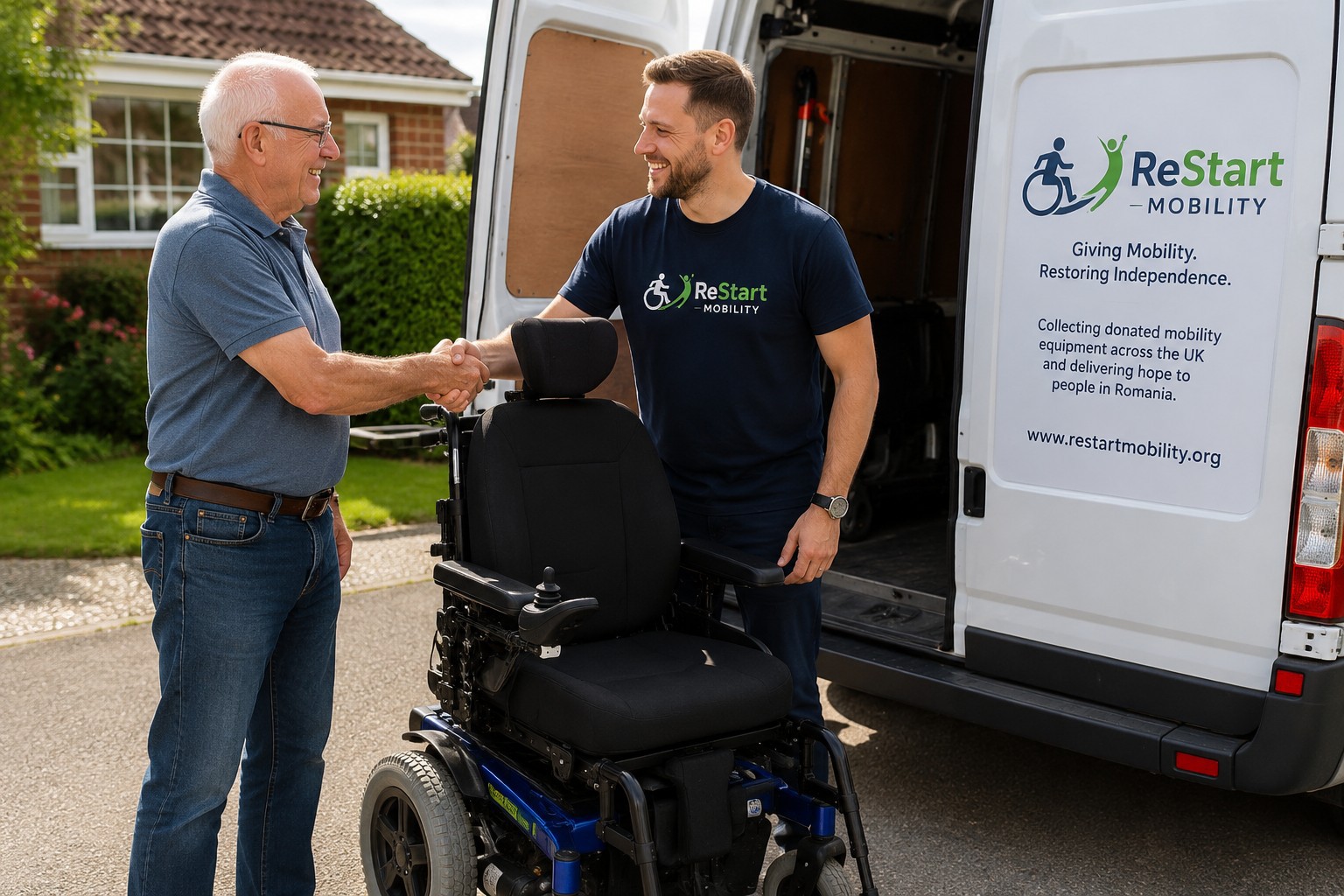 Electric wheelchair being handed over beside a ReStart Mobility van
